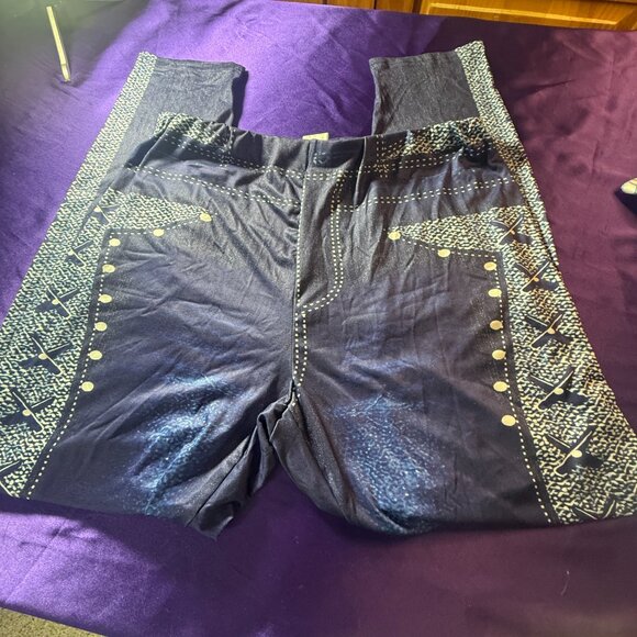 NWOT πShein 2 Printed Denim Western Studded Design Elastic Waistline Leggings - Picture 2 of 13